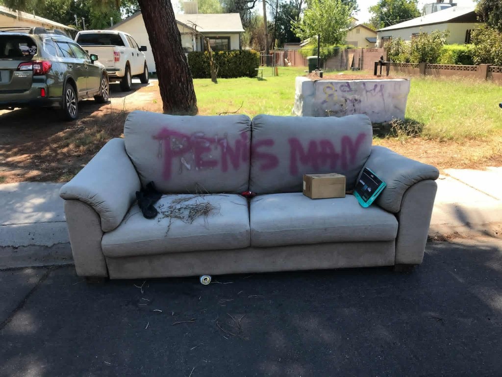 An abandoned coach left on the curb with the phrase "PENIS MAN" spraypainted on it.