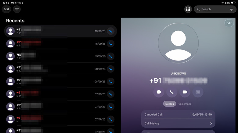 Phone app on an iPad running iPadOS 26.