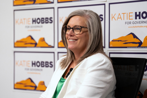 FILE - Democratic Arizona Gov. Katie Hobbs speaks during an interview with the Associated Press on Oct. 7, 2025, in Phoenix. (AP Photo/Samantha Chow, File)