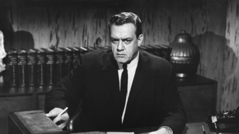 Perry Mason (Raymond Burr) looks concerned on Perry Mason