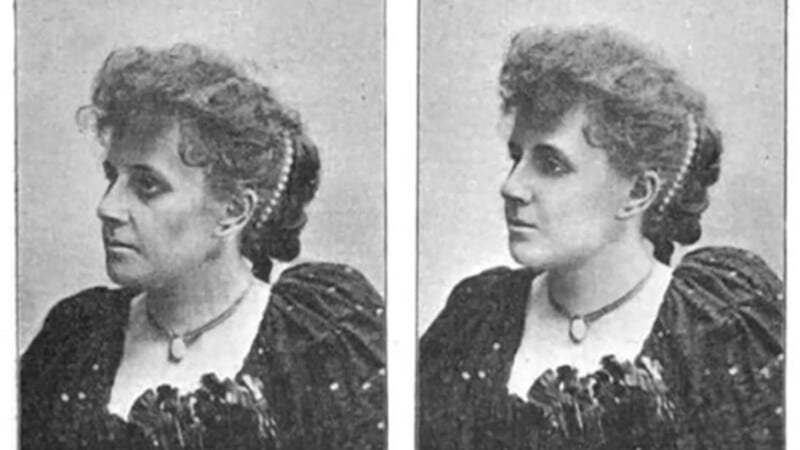 Two black-and-white portraits of the same woman with curly hair pinned back, wearing a dark dress and necklace, shown from different side angles with slight facial and lighting differences.