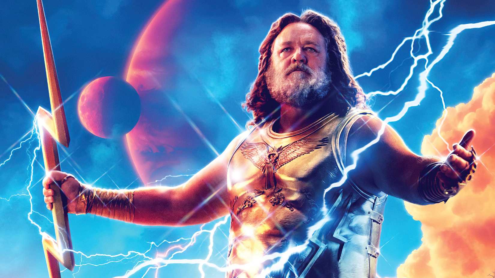 Russell Crowe's Zeus wields the golden thunderbolt in Thor Love and Thunder