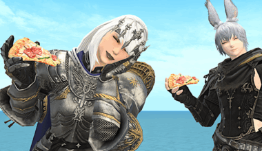 An image of two characters from Final Fantasy 14 eating pizza, and looking very pleased about it.