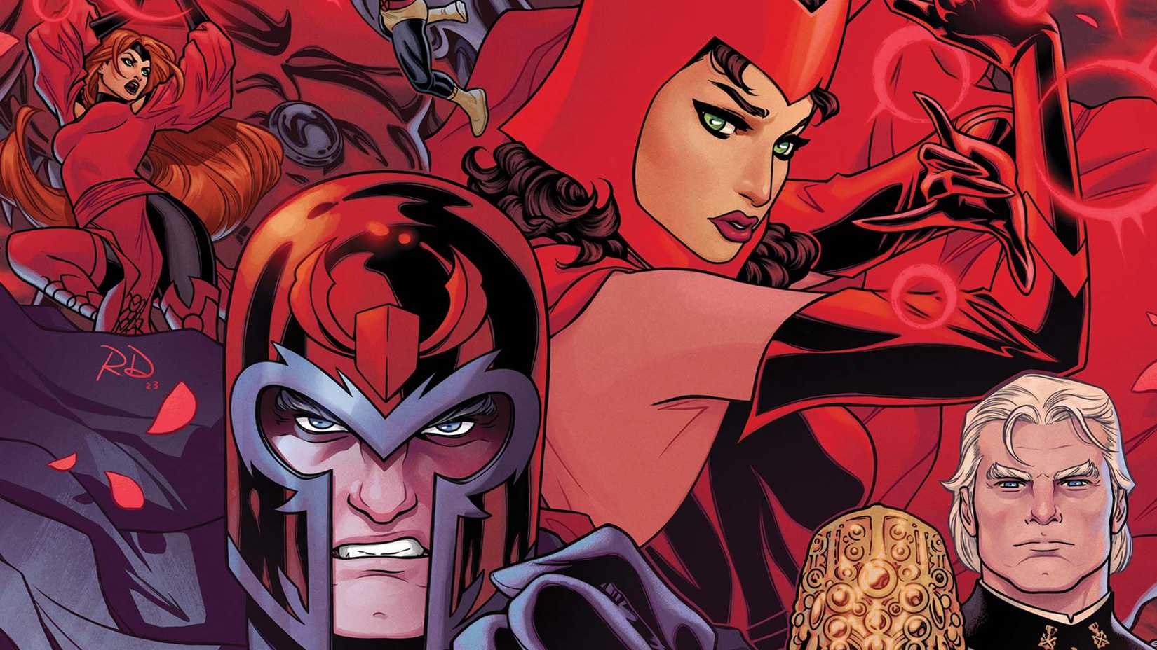 Scarlet Witch and Magneto with thier comic history surrounding them