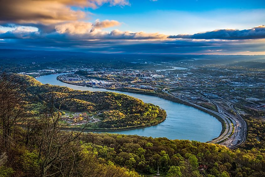 Aerial drone view of downtown Chattanooga, Tennessee, with the Tennessee River