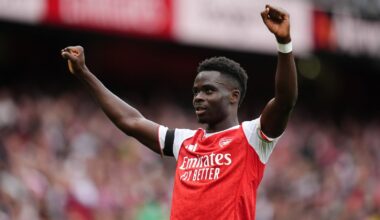 Arsenal's Bukayo Saka celebrates scoring their side's s