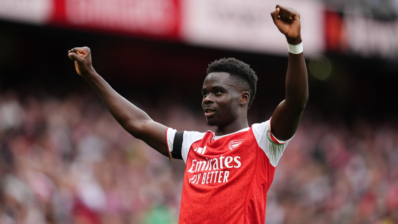 Arsenal's Bukayo Saka celebrates scoring their side's s