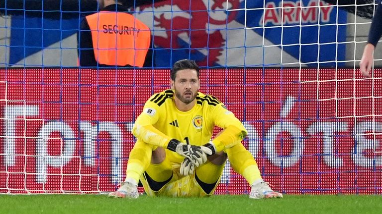 Craig Gordon reacts after Greece take the lead against Scotland