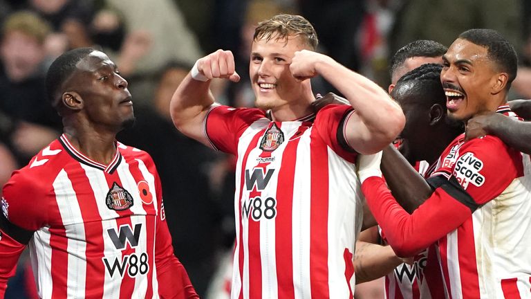 Sunderland's Daniel Ballard celebrates scoring against Arsenal at the Stadium of Light