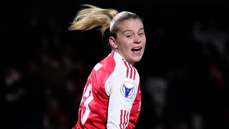 Arsenal's Alessia Russo celebrates scoring a goal against Real Madrid in the UEFA Women's Champions League