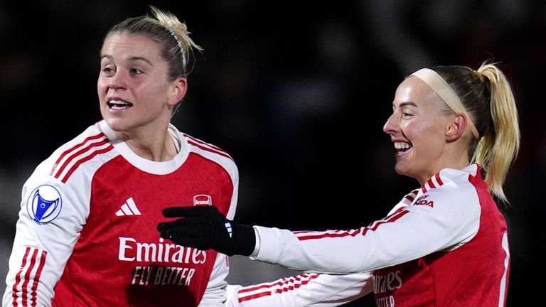 Arsenal's Alessia Russo (left) celebrates with Chloe Kelly after scoring a goal against Real Madrid in the Women's Champions League