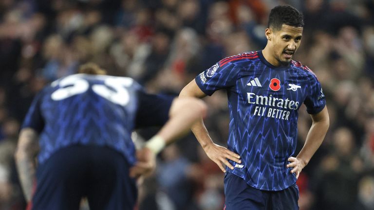 Arsenal's William Saliba (right) and Riccardo Calafiori appear dejected following the 2-2 draw with Sunderland