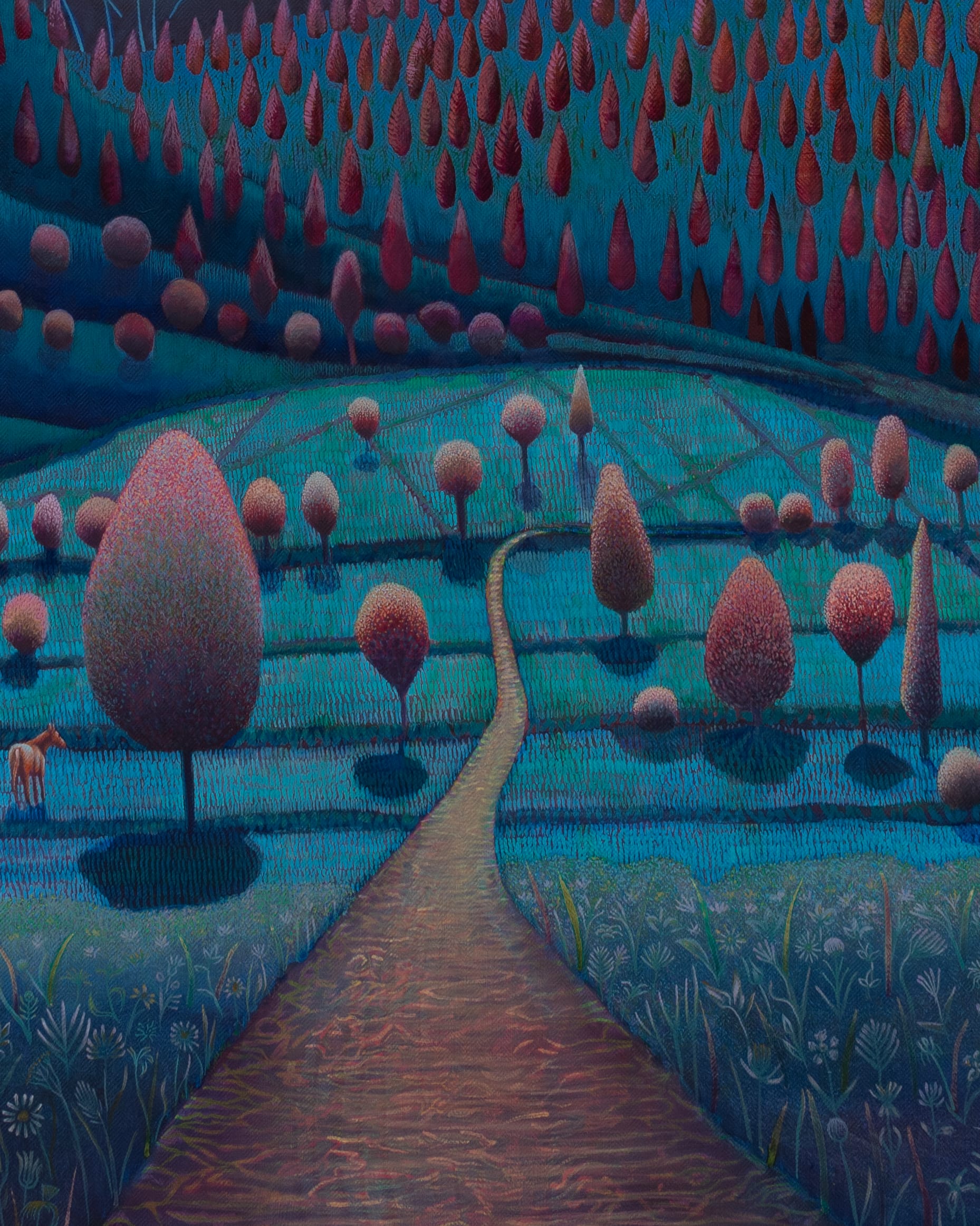 a detail of an oil painting by David Brian Smith of a nighttime scene over a bucolic, mountainous landscape, with a road running through green hills