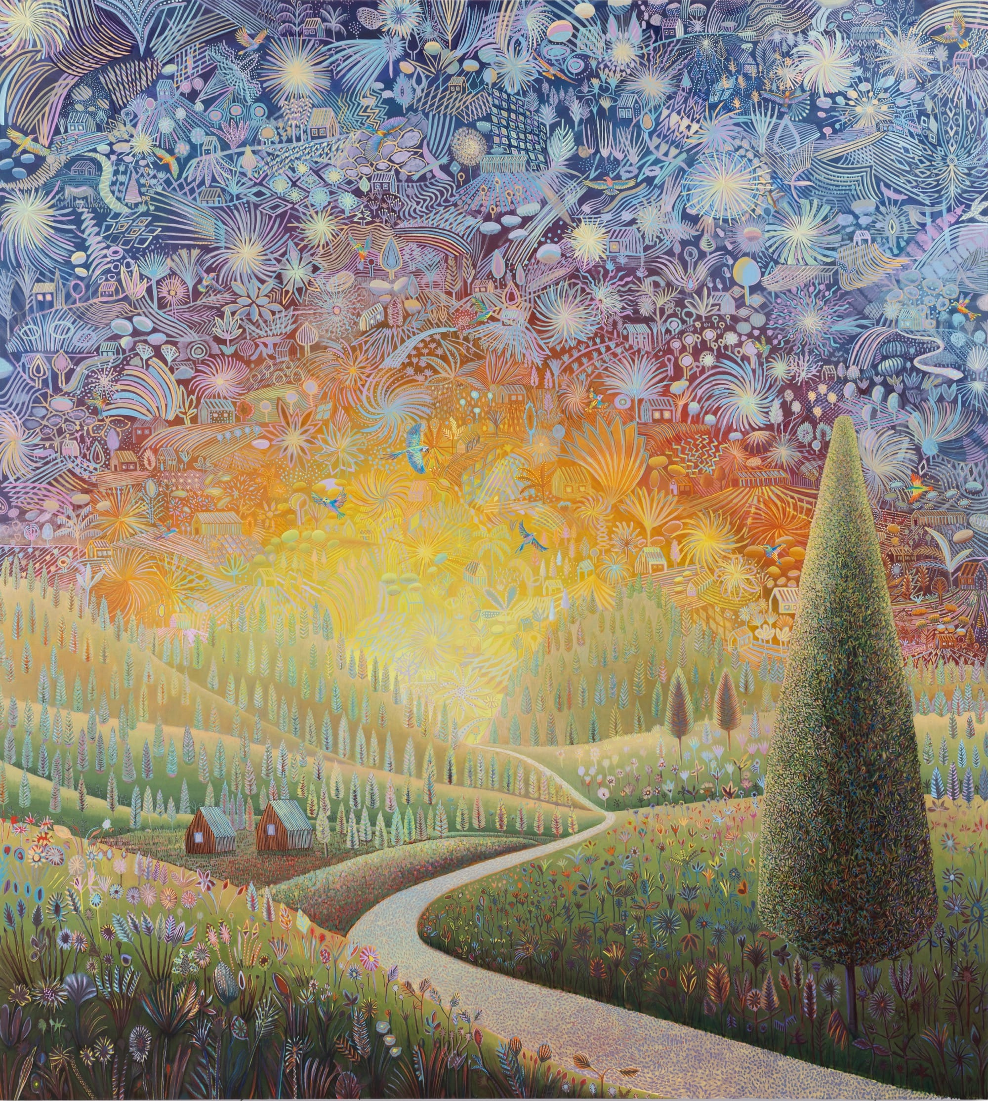 an oil painting by David Brian Smith of a sunrise over a bucolic landscape, with a road running through green hills