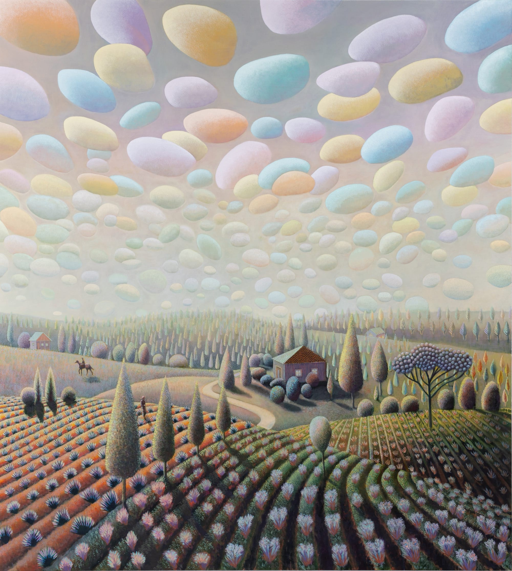 an oil painting by David Brian Smith of a bucolic countryside landscape with fields, houses, and clouds in the sky that look like pastel Easter eggs