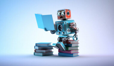 Robot sitting on a bunch of books, reading a book, looking surprised.