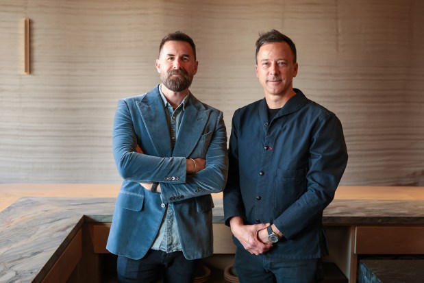 Restaurateur John Resnick, left, and executive chef Eric Bost inside Lilo, their Michelin-starred 22-seat tasting-menu restaurant in Carlsbad. (Elodie Bost)