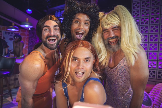 Wil Bethmann, left, Wilfred Paloma, foreground, Zack King and Frank DiPalermo in Spice Girls attire for Diversionary Theatre's "To My Girls." (Xing Photo Studio)