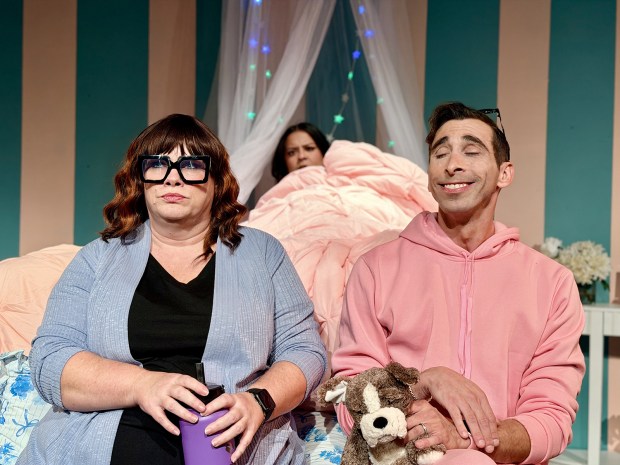 Holly Stephenson, Denise Lopez, in the background, and Joe Vitti in OnStage Playhouse's production of Mabelle Reynoso's "Young Audiences." (Salomon Maya)