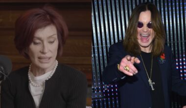 Sharon Osbourne speaking on a podcast and Ozzy pointing at the camera in 2014