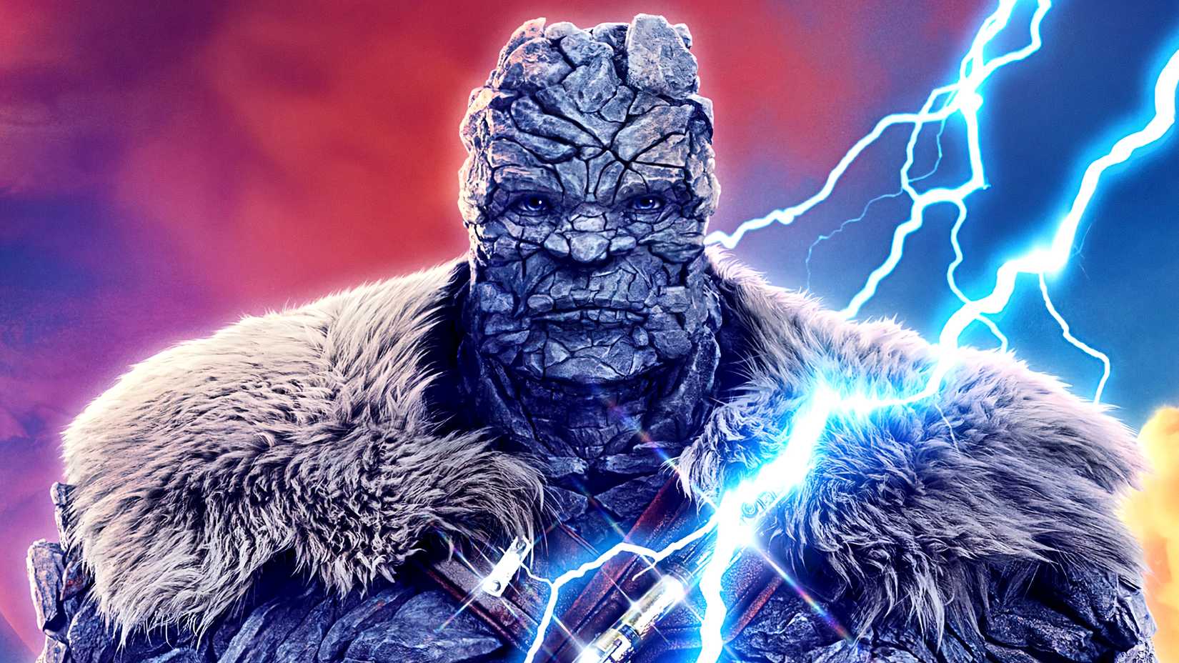 Taika Waititi's Korg is surrounded by lighting in Thor Love and Thunder poster