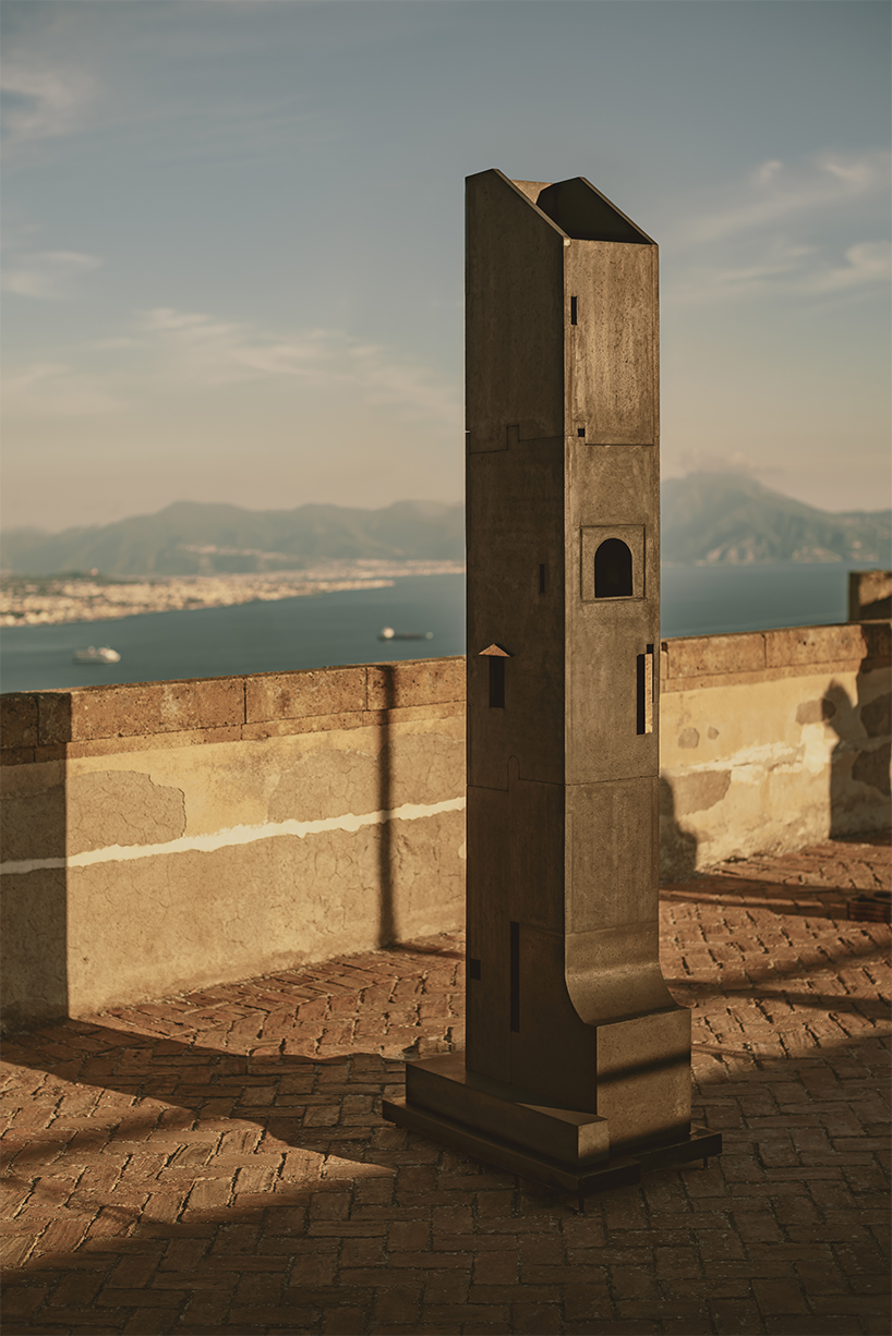 totemic sculptures compose volcanic stone landscape for site-specific installation in naples