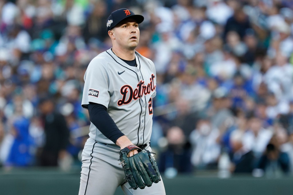 Tarik Skubal of the Detroit Tigers looking on during a game.