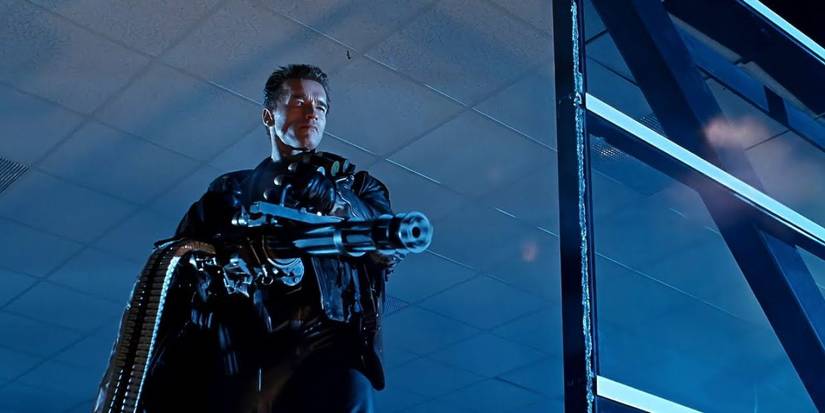 Arnold Schwarzenegger as the Terminator firing a machine gun from Terminator 2: Judgement Day