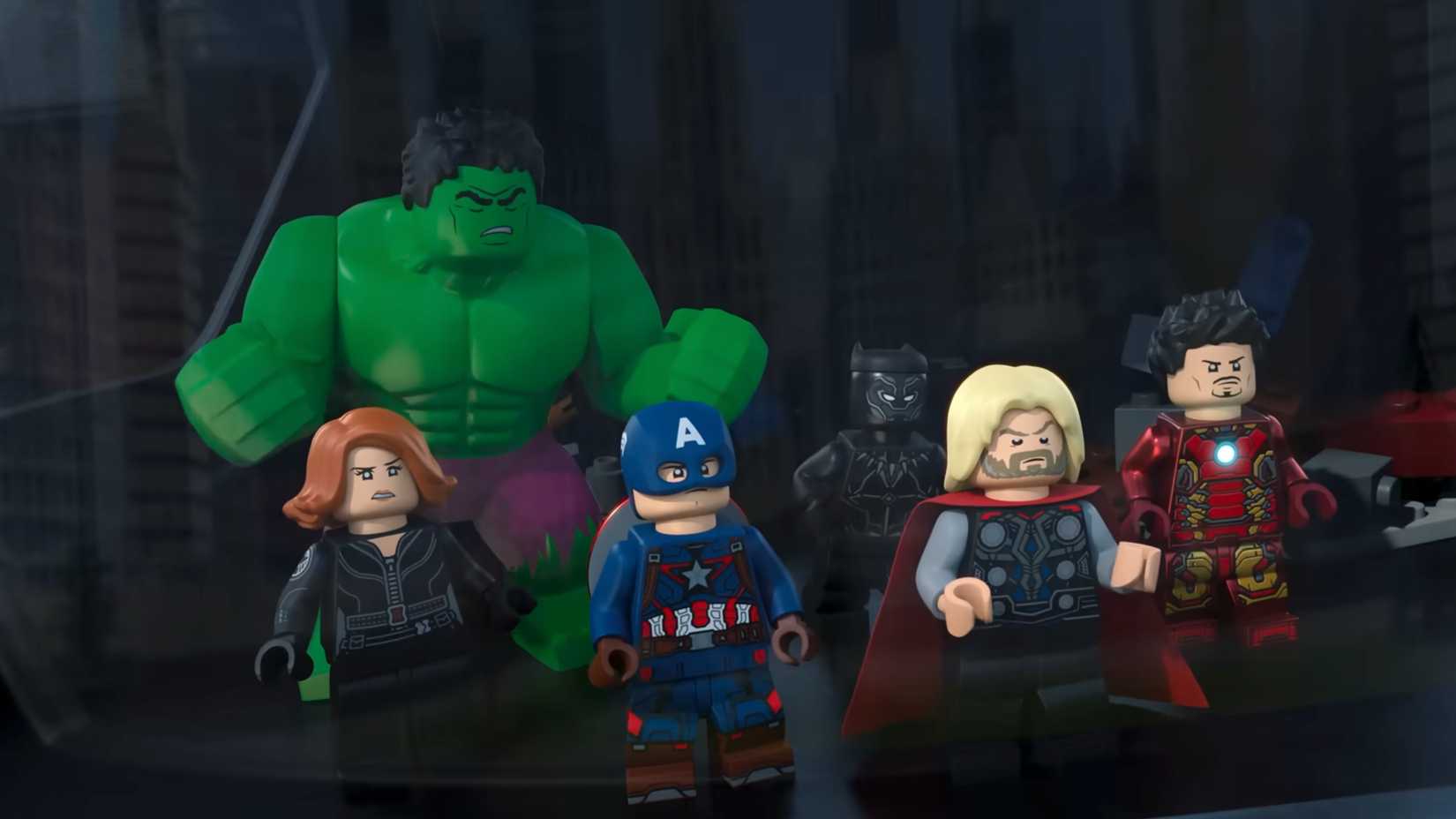 The Avengers looking up in Lego Marvel Avengers Mission Demolition