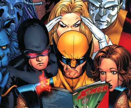 The cast of Astonishing X-Men reading the Astonishing X-Men comic