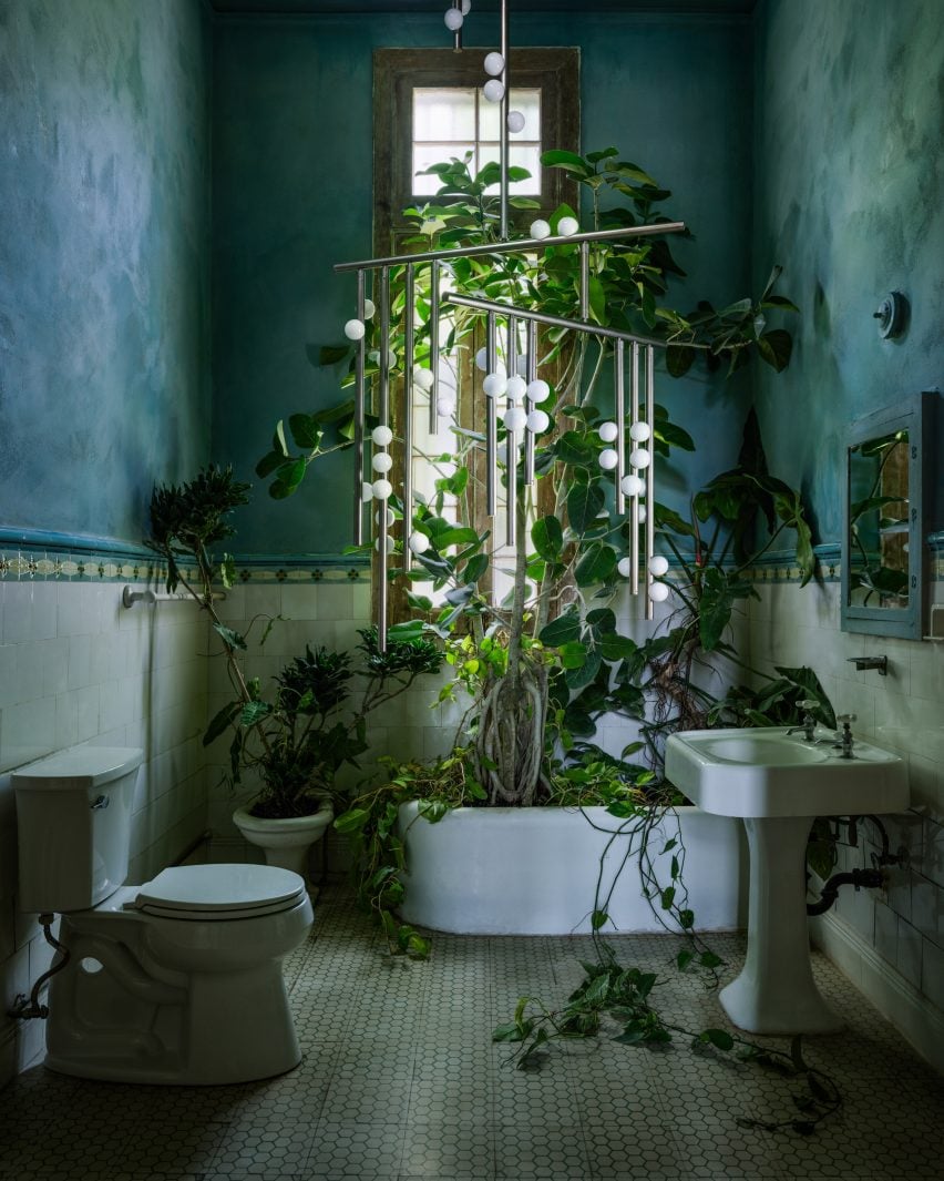 Bathroom with a contemporary chandelier and tropical plants growing out of the tub and bidet