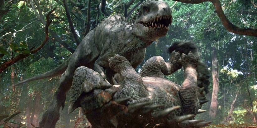 The Indominus Rex has flipped over the Ankylosaurus in Jurassic World.