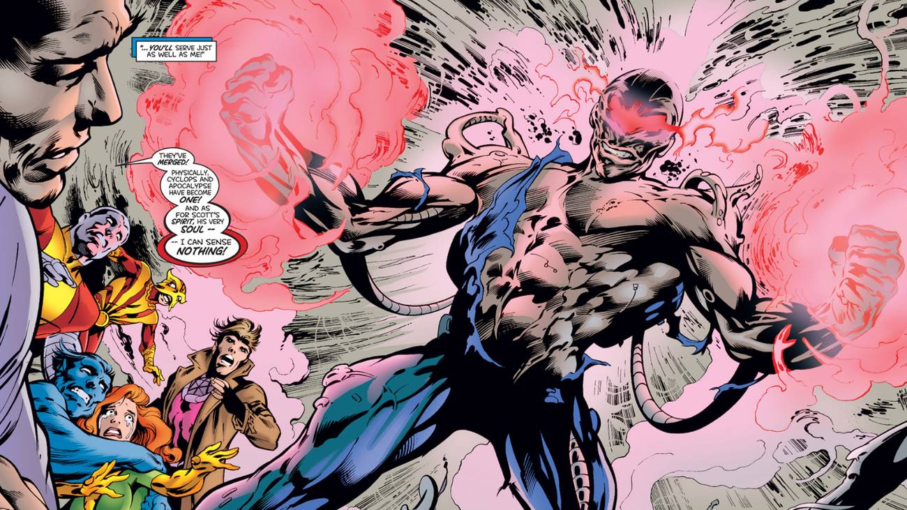 The X-Men recoil as Apoclypse takes over Cyclops during The Twelve