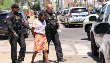 Police officers arresting an unhoused person