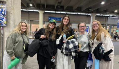 Briana (green hat) and her bridal party returning from Florida Bachelorette pastry for the holiday.