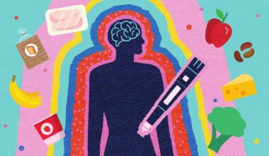 Colourful illustration of a human silhouette with foods and a GLP-1 pen surrounding it, representing nutrition and health.