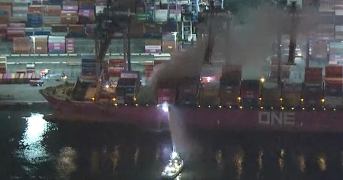Crews battle hazardous fire on cargo ship in San Pedro