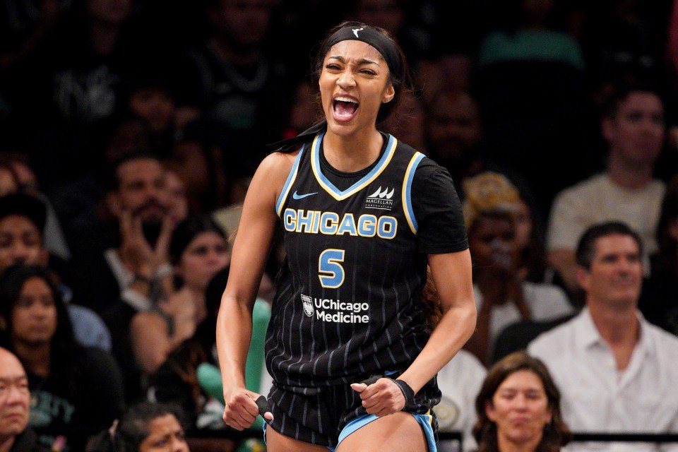 Angel Reese #5 of the Chicago Sky reacts against the New York Liberty during the fourth quarter at Barclays Center on August 21, 2025