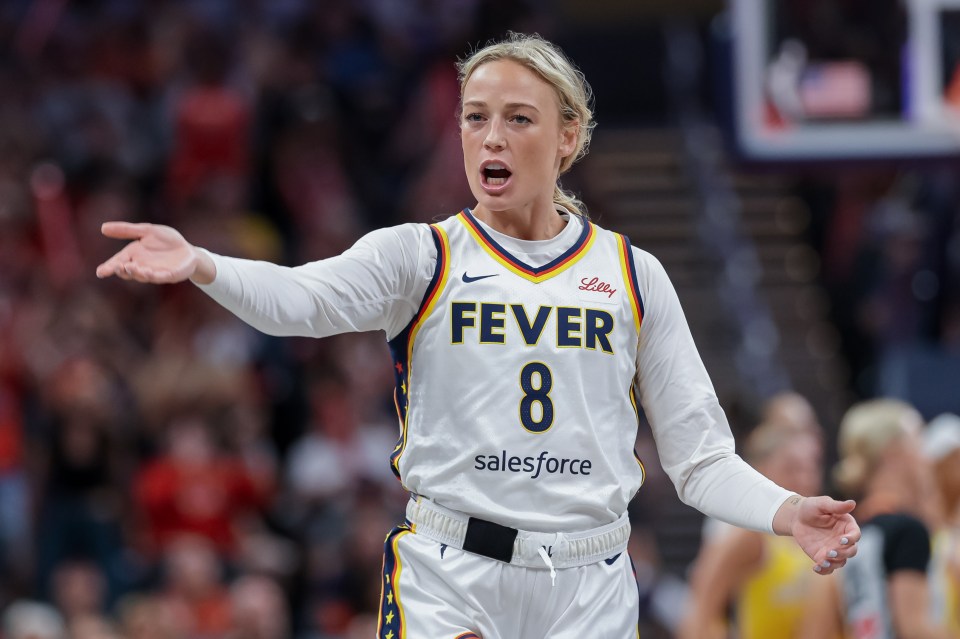 Sophie Cunningham #8 of the Indiana Fever reacts during the game against the Los Angeles Sparks at Gainbridge Fieldhouse on June 26, 2025