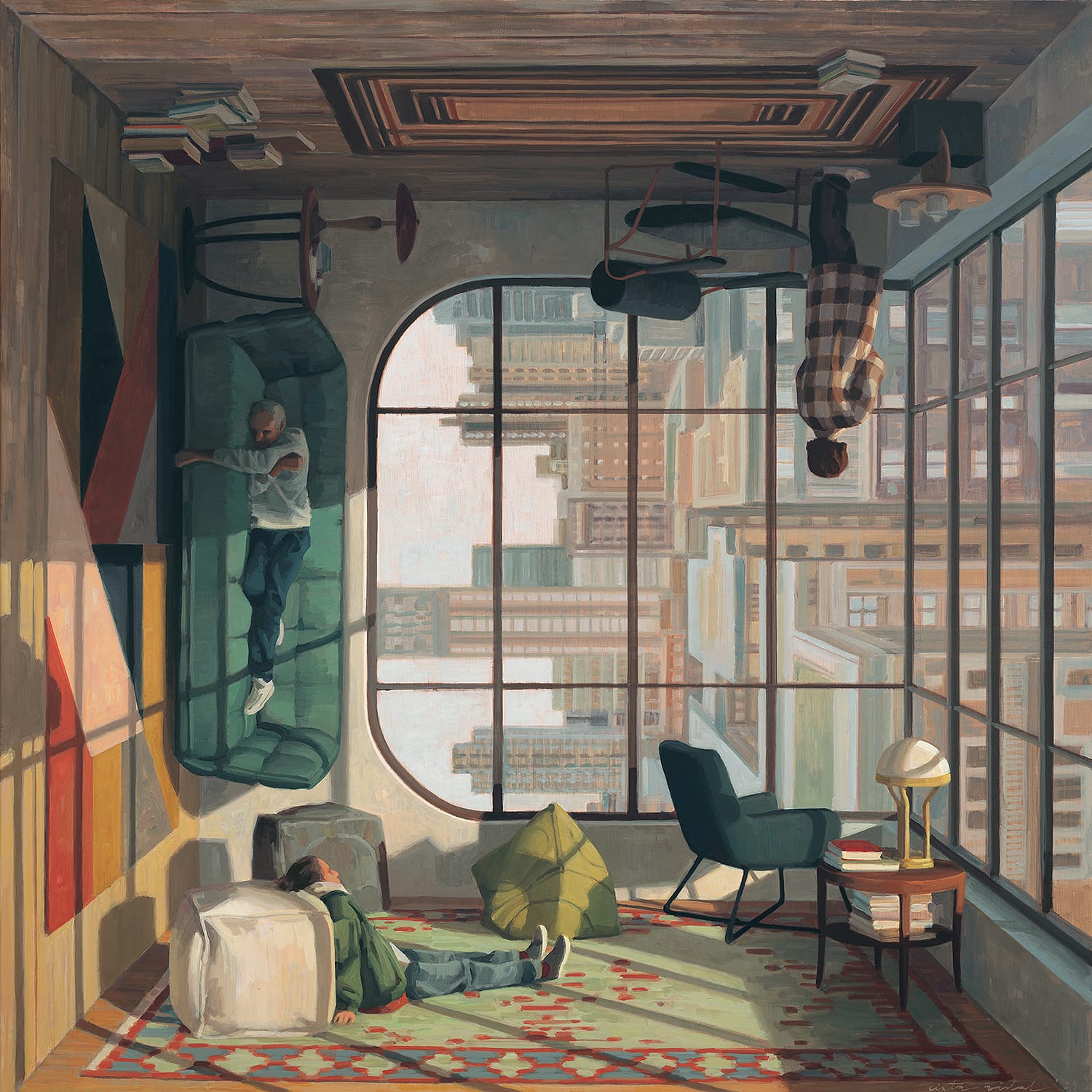 a surreal painting by Cinta Vidal of the interior of a home in which furnishings and scenes take place both on the floor and upside-down on the ceiling