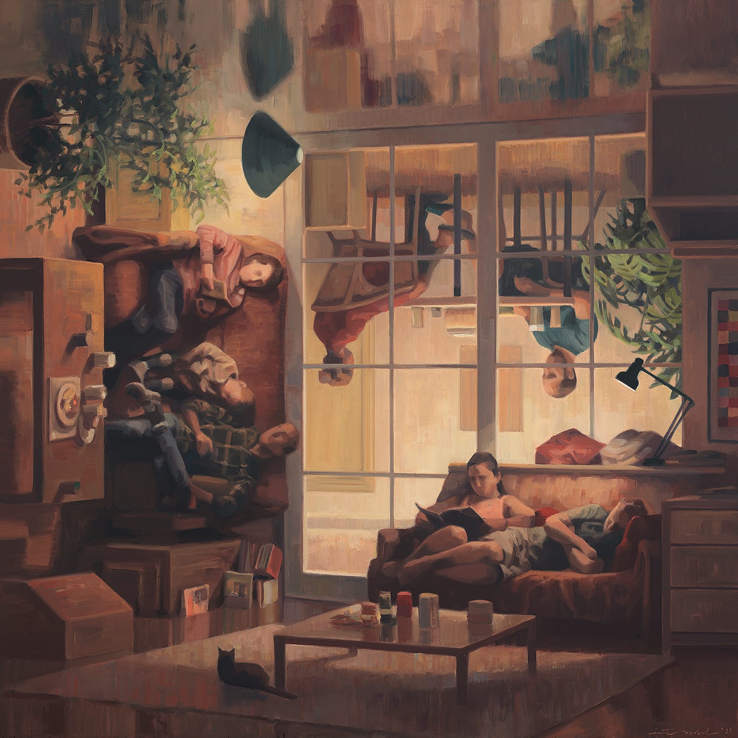 a surreal painting by Cinta Vidal of the interior of a home in which furnishings and scenes take place both on the floor and upside-down on the ceiling