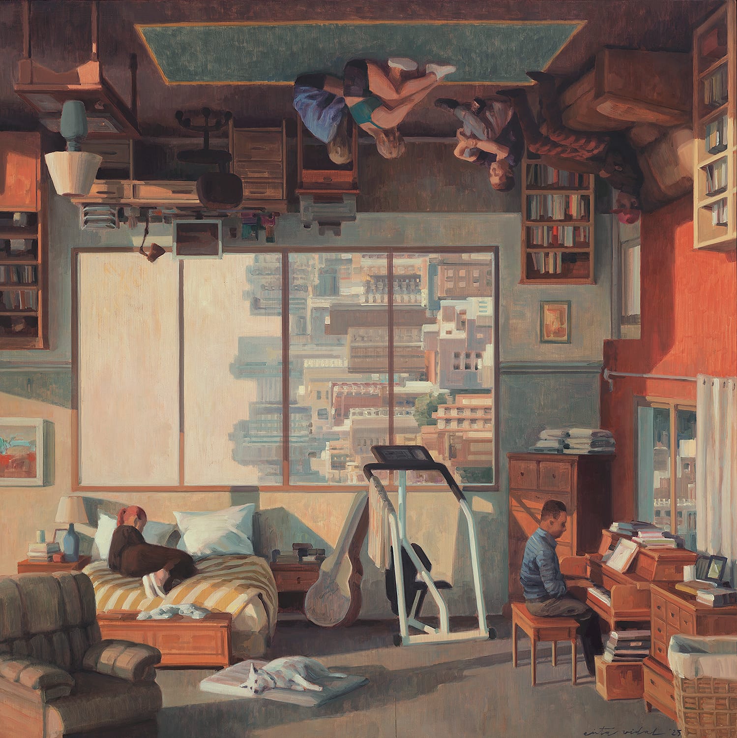 a surreal painting by Cinta Vidal of the interior of a home in which furnishings and scenes take place both on the floor and upside-down on the ceiling