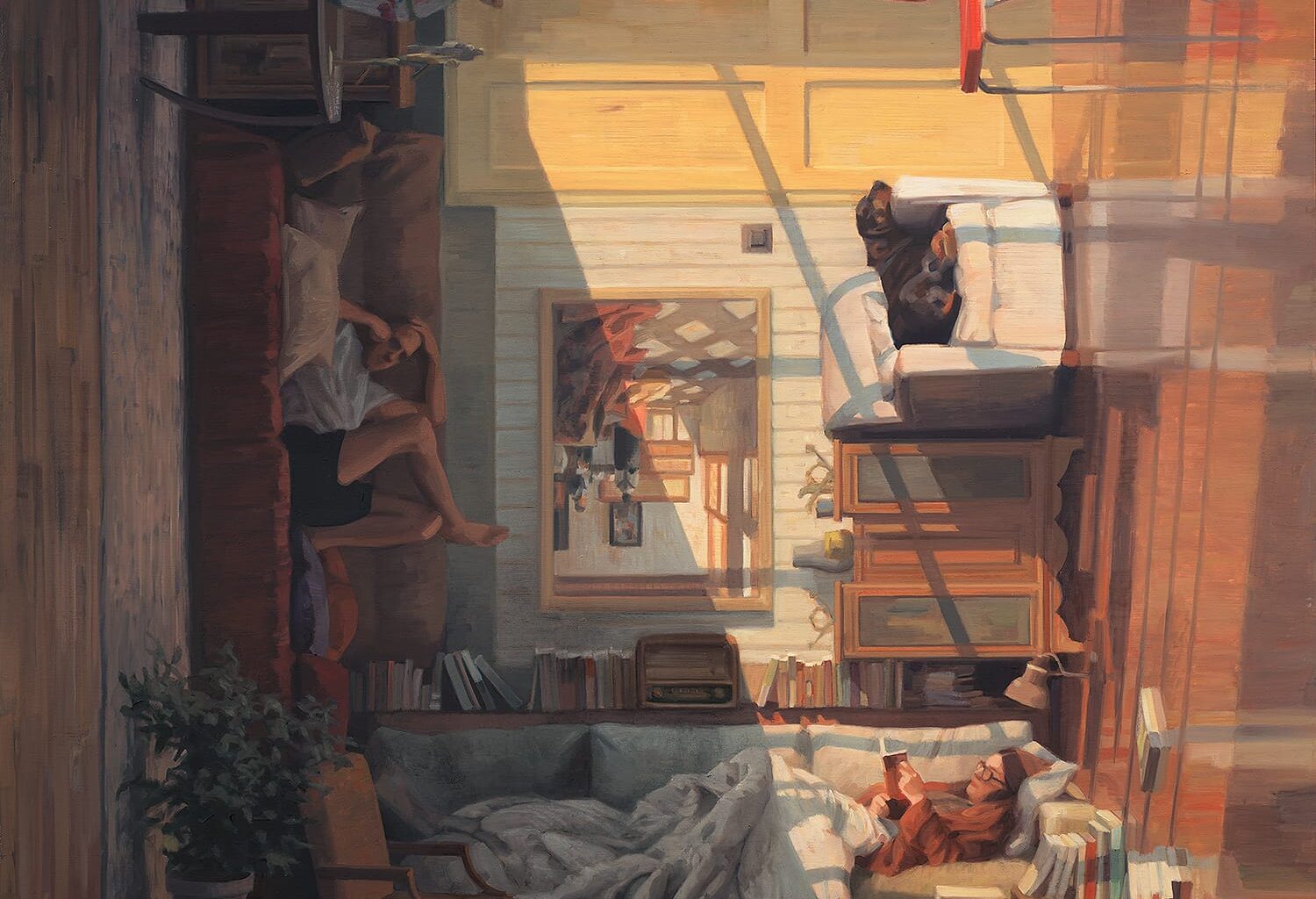 a surreal painting by Cinta Vidal of the interior of a home in which furnishings and scenes take place both on the floor and upside-down on the ceiling