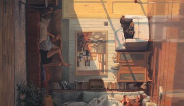 a surreal painting by Cinta Vidal of the interior of a home in which furnishings and scenes take place both on the floor and upside-down on the ceiling