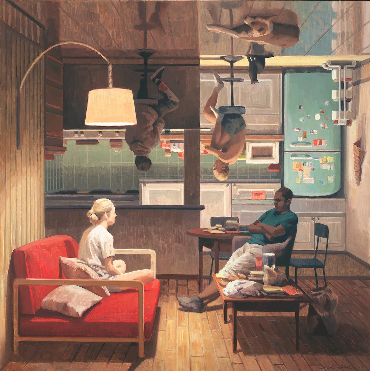a surreal painting by Cinta Vidal of the interior of a home, with people seated in the foreground and another upside-down scene of the same people in the background, in the kitchen