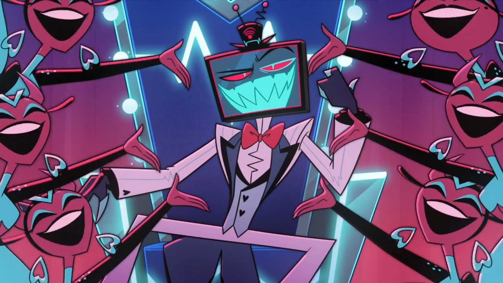 Vox sits on a throne with people singing around him in Hazbin Hotel season 2