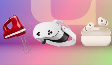A hand mixer, VR headset and pair of earbuds against a purple, pink and green gradient CNET background.