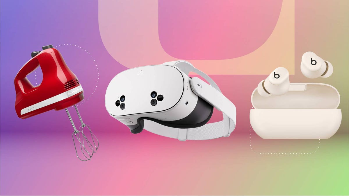 A hand mixer, VR headset and pair of earbuds against a purple, pink and green gradient CNET background.