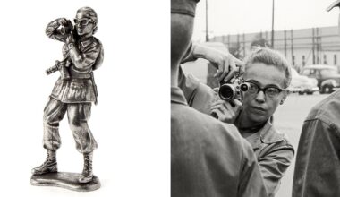 A metallic figurine of a woman photographer with a camera is shown on the left; on the right, a black-and-white photo shows a woman wearing glasses taking a photo of people outdoors with a camera.