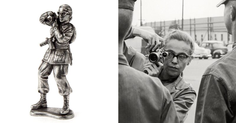 A metallic figurine of a woman photographer with a camera is shown on the left; on the right, a black-and-white photo shows a woman wearing glasses taking a photo of people outdoors with a camera.